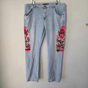 Rebel Kings Mens Light Wash Distressed Denim Jeans Skull  Graphic Patch Size 44